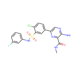 CNC(=O)c1nc(-c2ccc(Cl)c(S(=O)(=O)Nc3cccc(F)c3)c2)cnc1N ZINC000095574248