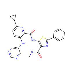 CNC(=O)c1nc(-c2ccccc2)sc1NC(=O)c1nc(C2CC2)ccc1Nc1cncnc1 ZINC000169701703