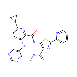 CNC(=O)c1nc(-c2ccccn2)sc1NC(=O)c1nc(C2CC2)ccc1Nc1cncnc1 ZINC000169701704