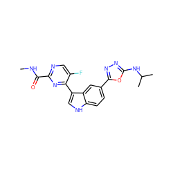 CNC(=O)c1ncc(F)c(-c2c[nH]c3ccc(-c4nnc(NC(C)C)o4)cc23)n1 ZINC001772629937