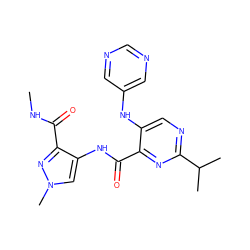 CNC(=O)c1nn(C)cc1NC(=O)c1nc(C(C)C)ncc1Nc1cncnc1 ZINC000169701714