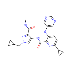 CNC(=O)c1nn(CC2CC2)cc1NC(=O)c1nc(C2CC2)ccc1Nc1cncnc1 ZINC000149362282