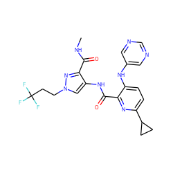 CNC(=O)c1nn(CCC(F)(F)F)cc1NC(=O)c1nc(C2CC2)ccc1Nc1cncnc1 ZINC000169701659