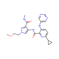 CNC(=O)c1nn(CCOC)cc1NC(=O)c1nc(C2CC2)ccc1Nc1cncnc1 ZINC000140526985