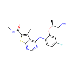 CNC(=O)c1sc2ncnc(Nc3ccc(F)cc3O[C@@H](C)CN)c2c1C ZINC000169708349