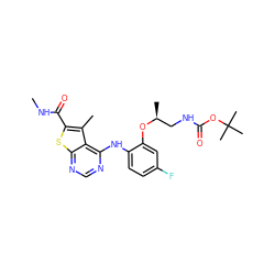 CNC(=O)c1sc2ncnc(Nc3ccc(F)cc3O[C@@H](C)CNC(=O)OC(C)(C)C)c2c1C ZINC000169708341