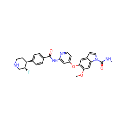 CNC(=O)n1ccc2cc(Oc3ccnc(NC(=O)c4ccc([C@@H]5CCNC[C@@H]5F)cc4)c3)c(OC)cc21 ZINC000169711493