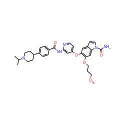 CNC(=O)n1ccc2cc(Oc3ccnc(NC(=O)c4ccc(C5CCN(C(C)C)CC5)cc4)c3)c(OCCCOC)cc21 ZINC000169711617