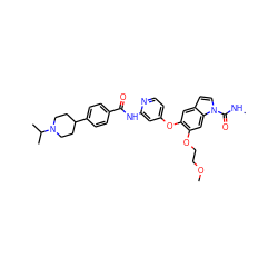 CNC(=O)n1ccc2cc(Oc3ccnc(NC(=O)c4ccc(C5CCN(C(C)C)CC5)cc4)c3)c(OCCOC)cc21 ZINC000169711513