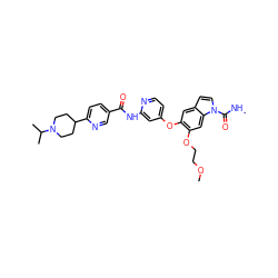 CNC(=O)n1ccc2cc(Oc3ccnc(NC(=O)c4ccc(C5CCN(C(C)C)CC5)nc4)c3)c(OCCOC)cc21 ZINC000169711569