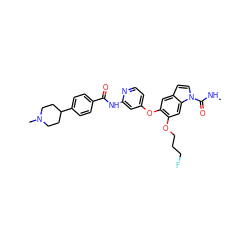 CNC(=O)n1ccc2cc(Oc3ccnc(NC(=O)c4ccc(C5CCN(C)CC5)cc4)c3)c(OCCCF)cc21 ZINC000169711568