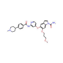 CNC(=O)n1ccc2cc(Oc3ccnc(NC(=O)c4ccc(C5CCN(C)CC5)cc4)c3)c(OCCCOC)cc21 ZINC000169711620