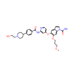 CNC(=O)n1ccc2cc(Oc3ccnc(NC(=O)c4ccc(C5CCN(CCO)CC5)cc4)c3)c(OCCCOC)cc21 ZINC000169711618