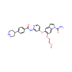 CNC(=O)n1ccc2cc(Oc3ccnc(NC(=O)c4ccc(C5CCNCC5)cc4)c3)c(OCCOC)cc21 ZINC000169711510