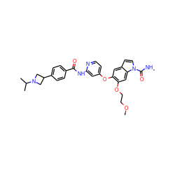 CNC(=O)n1ccc2cc(Oc3ccnc(NC(=O)c4ccc(C5CN(C(C)C)C5)cc4)c3)c(OCCOC)cc21 ZINC000169711580