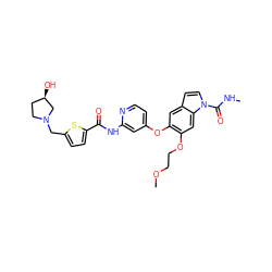 CNC(=O)n1ccc2cc(Oc3ccnc(NC(=O)c4ccc(CN5CC[C@@H](O)C5)s4)c3)c(OCCOC)cc21 ZINC000169711577