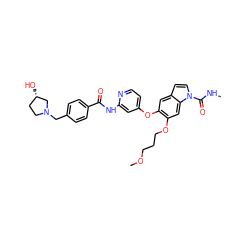 CNC(=O)n1ccc2cc(Oc3ccnc(NC(=O)c4ccc(CN5CC[C@H](O)C5)cc4)c3)c(OCCCOC)cc21 ZINC000169711610