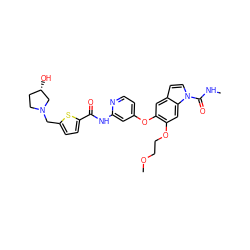 CNC(=O)n1ccc2cc(Oc3ccnc(NC(=O)c4ccc(CN5CC[C@H](O)C5)s4)c3)c(OCCOC)cc21 ZINC000169711576