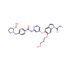 CNC(=O)n1ccc2cc(Oc3ccnc(NC(=O)c4ccc(CN5CCC[C@@H]5CO)cc4)c3)c(OCCCOC)cc21 ZINC000169711606