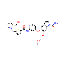 CNC(=O)n1ccc2cc(Oc3ccnc(NC(=O)c4ccc(CN5CCC[C@@H]5CO)s4)c3)c(OCCOC)cc21 ZINC000169711574