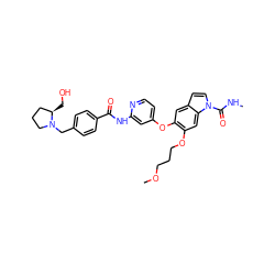 CNC(=O)n1ccc2cc(Oc3ccnc(NC(=O)c4ccc(CN5CCC[C@H]5CO)cc4)c3)c(OCCCOC)cc21 ZINC000169711607