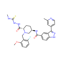 CNC(=S)NNC(=O)[C@@H]1CC[C@@H](NC(=O)c2ccc3[nH]nc(-c4ccnc(C)c4)c3c2)CN1Cc1c(F)cccc1OC ZINC000199805487