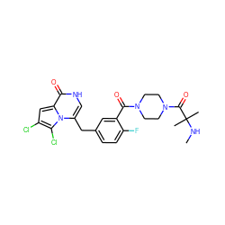 CNC(C)(C)C(=O)N1CCN(C(=O)c2cc(Cc3c[nH]c(=O)c4cc(Cl)c(Cl)n34)ccc2F)CC1 ZINC000045336051