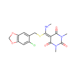 CNC(SCc1cc2c(cc1Cl)OCO2)=C1C(=O)N(C)C(=O)N(C)C1=O ZINC000004294884