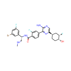 CNC[C@@H](NC(=O)c1ccc(-c2nc([C@@H]3CC[C@@H](O)[C@@H](F)C3)cnc2N)cc1F)c1cc(F)cc(Br)c1 ZINC001772621465