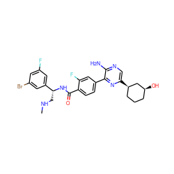 CNC[C@@H](NC(=O)c1ccc(-c2nc([C@@H]3CCC[C@H](O)C3)cnc2N)cc1F)c1cc(F)cc(Br)c1 ZINC001772654900