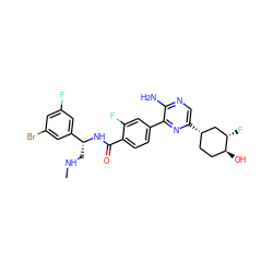 CNC[C@@H](NC(=O)c1ccc(-c2nc([C@H]3CC[C@H](O)[C@@H](F)C3)cnc2N)cc1F)c1cc(F)cc(Br)c1 ZINC001772572882