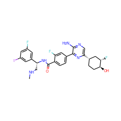 CNC[C@@H](NC(=O)c1ccc(-c2nc([C@H]3CC[C@H](O)[C@@H](F)C3)cnc2N)cc1F)c1cc(F)cc(I)c1 ZINC001772624325