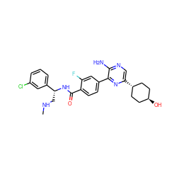 CNC[C@@H](NC(=O)c1ccc(-c2nc([C@H]3CC[C@H](O)CC3)cnc2N)cc1F)c1cccc(Cl)c1 ZINC001772643394