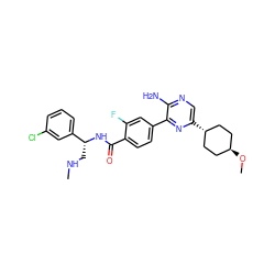 CNC[C@@H](NC(=O)c1ccc(-c2nc([C@H]3CC[C@H](OC)CC3)cnc2N)cc1F)c1cccc(Cl)c1 ZINC001772584839