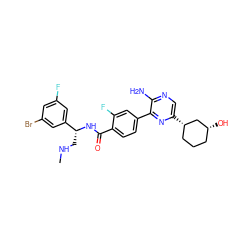 CNC[C@@H](NC(=O)c1ccc(-c2nc([C@H]3CCC[C@@H](O)C3)cnc2N)cc1F)c1cc(F)cc(Br)c1 ZINC001772598187