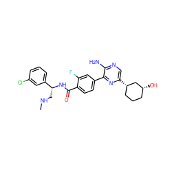CNC[C@@H](NC(=O)c1ccc(-c2nc([C@H]3CCC[C@@H](O)C3)cnc2N)cc1F)c1cccc(Cl)c1 ZINC001772577189