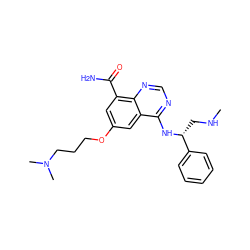 CNC[C@@H](Nc1ncnc2c(C(N)=O)cc(OCCCN(C)C)cc12)c1ccccc1 ZINC000114346173