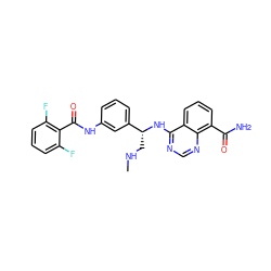 CNC[C@@H](Nc1ncnc2c(C(N)=O)cccc12)c1cccc(NC(=O)c2c(F)cccc2F)c1 ZINC000114349494