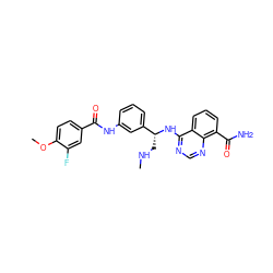 CNC[C@@H](Nc1ncnc2c(C(N)=O)cccc12)c1cccc(NC(=O)c2ccc(OC)c(F)c2)c1 ZINC000114346970