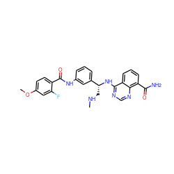 CNC[C@@H](Nc1ncnc2c(C(N)=O)cccc12)c1cccc(NC(=O)c2ccc(OC)cc2F)c1 ZINC000114344641