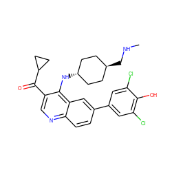 CNC[C@H]1CC[C@H](Nc2c(C(=O)C3CC3)cnc3ccc(-c4cc(Cl)c(O)c(Cl)c4)cc23)CC1 ZINC000473165000