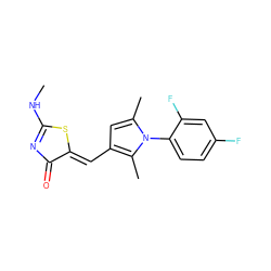 CNC1=NC(=O)/C(=C/c2cc(C)n(-c3ccc(F)cc3F)c2C)S1 ZINC000073139558