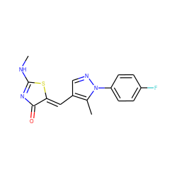 CNC1=NC(=O)/C(=C/c2cnn(-c3ccc(F)cc3)c2C)S1 ZINC000073386492