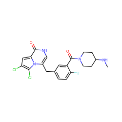 CNC1CCN(C(=O)c2cc(Cc3c[nH]c(=O)c4cc(Cl)c(Cl)n34)ccc2F)CC1 ZINC000045386868