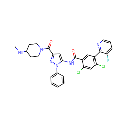 CNC1CCN(C(=O)c2cc(NC(=O)c3cc(-c4ncccc4F)c(Cl)cc3Cl)n(-c3ccccc3)n2)CC1 ZINC001772639072