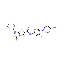 CNC1CCN(c2ccc(NC(=O)c3cc4c(C)nn(C5CCCCC5)c4s3)cc2F)CC1 ZINC000114713652