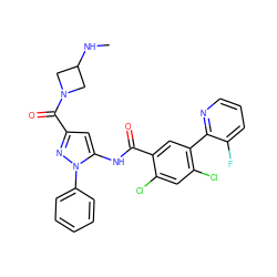 CNC1CN(C(=O)c2cc(NC(=O)c3cc(-c4ncccc4F)c(Cl)cc3Cl)n(-c3ccccc3)n2)C1 ZINC001772629932