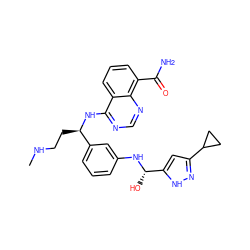 CNCC[C@@H](Nc1ncnc2c(C(N)=O)cccc12)c1cccc(N[C@@H](O)c2cc(C3CC3)n[nH]2)c1 ZINC000166989723