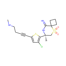 CNCCC#Cc1cc(Cl)c([C@]2(C)CS(=O)(=O)C3(CCC3)C(=N)N2)s1 ZINC001772641472