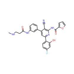 CNCCC(=O)Nc1cccc(-c2cc(-c3ccc(F)cc3O)nc(NC(=O)c3ccco3)c2C#N)c1 ZINC000053295511